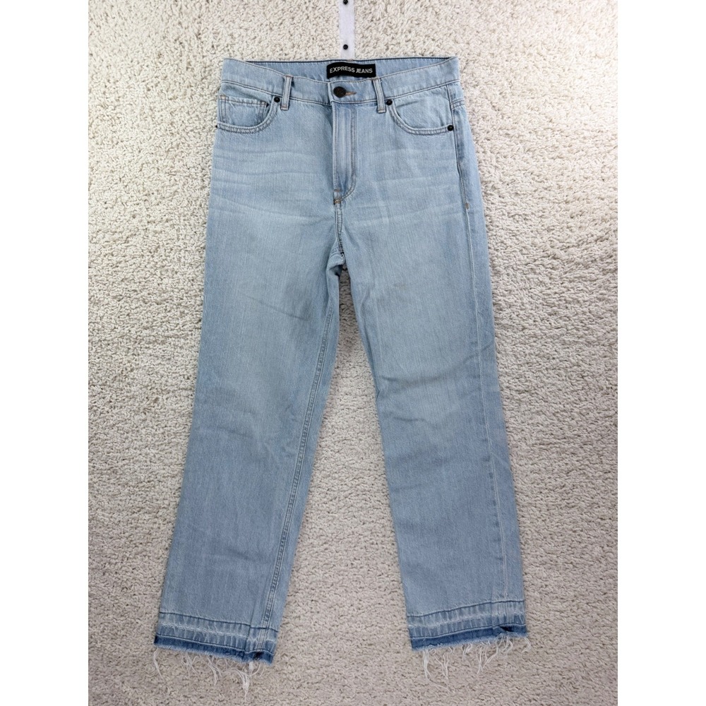 Express Jeans Straight Crop Women 4 Light Blue Excellent High Rise Raw Hem Denim
